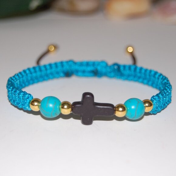 Cross Bracelet,Gemstone Beads,Braided Bracelet,Blue Bracelet - Picture 1 of 3